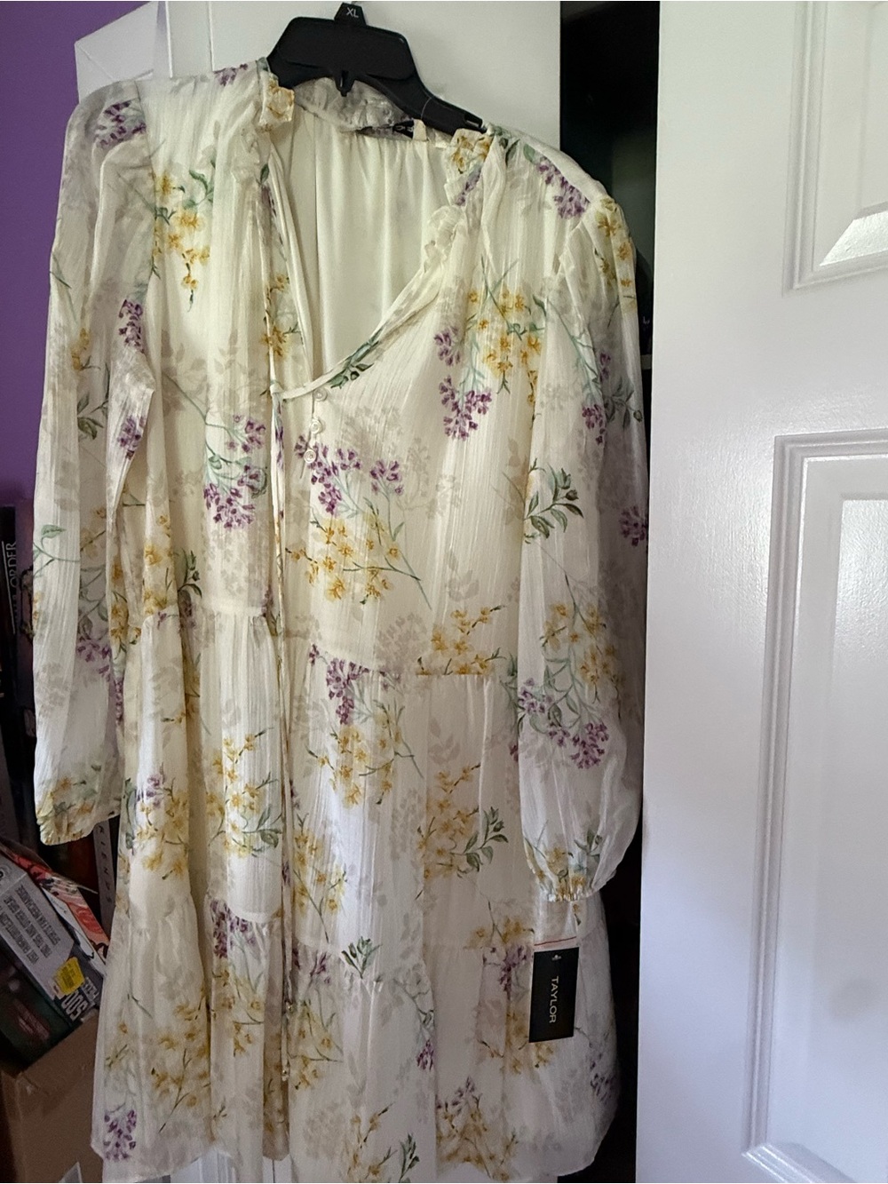 Taylor Cream Floral Long Sleeve Tie-Neck Dress